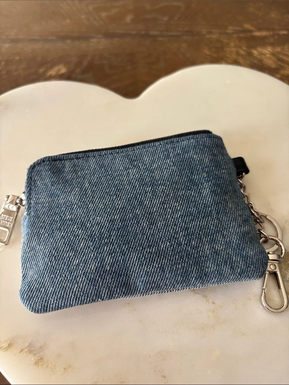 Steve Madden Medium Washed Denim zipped cardholder/coin pouch plus Key chain